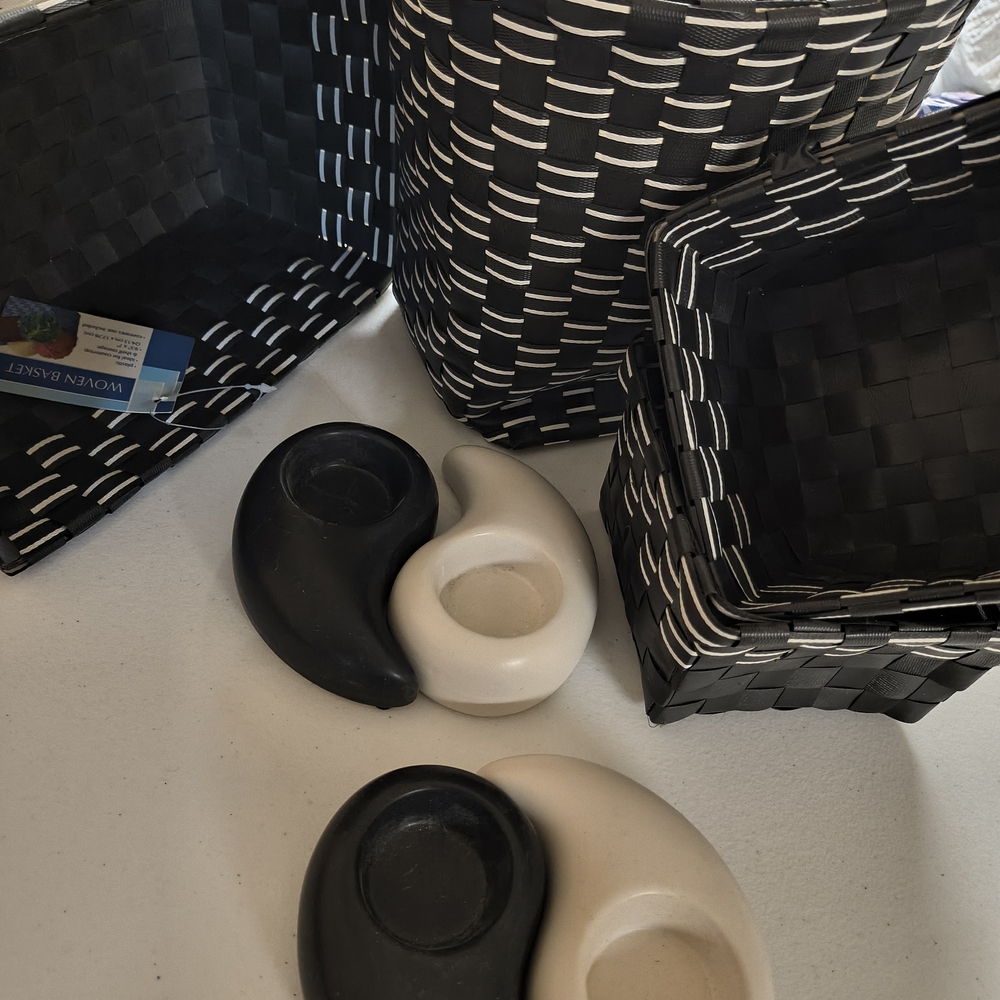 Black and White Woven Basket Set with Candle Holders